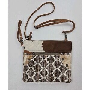 Myra Bag Cotton Carve/Leather Womens Adjustable Strap Crossbody Bag EUC